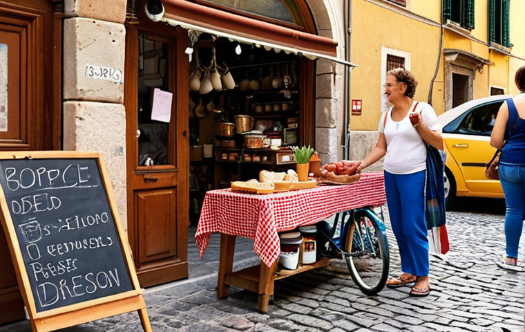 **Prompt:** A vibrant, bustling neighborhood street market in Italy filled with people bartering goods and services. Focus on the diversity of items being exchanged: homemade jams, yoga lessons advertised on a chalkboard, a repaired bicycle, and upcycled furniture. The overall mood is cheerful and community-focused, emphasizing the revival of manual skills. Include details like cobblestone streets and classic Italian architecture in the background.