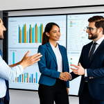 A diverse group of business professionals, fully clothed in modern business attire, collaborating in a bright, secure, and technologically advanced office environment. They are gathered around a large, interactive transparent screen displaying a user-friendly interface with clear data visualizations, symbolizing trust and transparency in digital transactions. The atmosphere is one of focused professionalism and seamless interaction. Perfect anatomy, correct proportions, natural pose, well-formed hands, proper finger count, natural body proportions. Safe for work, appropriate content, fully clothed, professional.