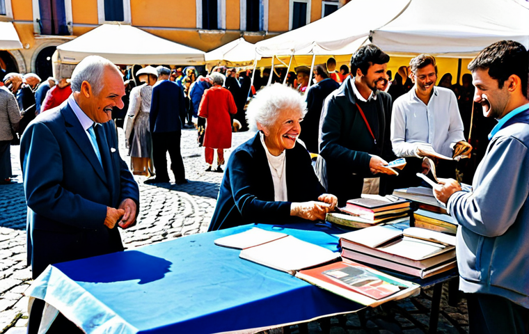 **
A vibrant "baratto party" (swap meet) in a sunny Roman piazza. People are exchanging clothes, books, and household items. Focus on the community aspect, with smiling faces and friendly interactions. Everyone is fully clothed in appropriate attire. Safe for work, family-friendly, perfect anatomy, natural proportions, professional photography, high quality.
**