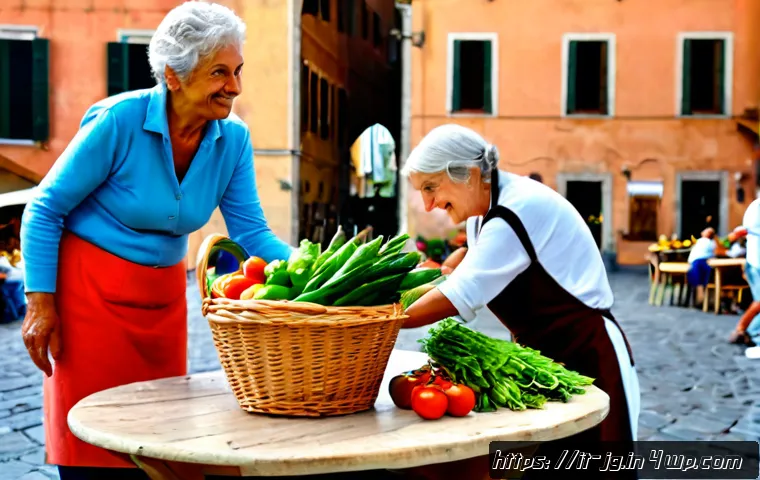 호혜적 교환 시스템의 창의적 접근법 - Photorealistic Italian neighborhood community exchange market in a sunlit piazza, an older woman tra...